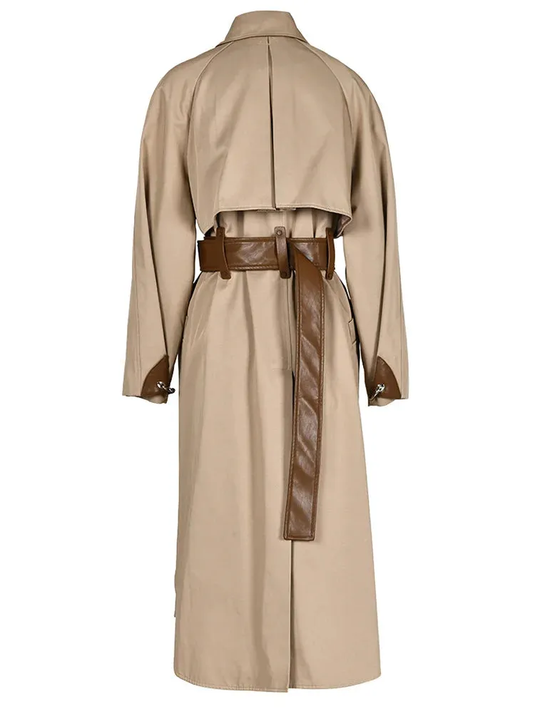 Pre Order:  Camel Faux-Leather Spliced Trench Coat