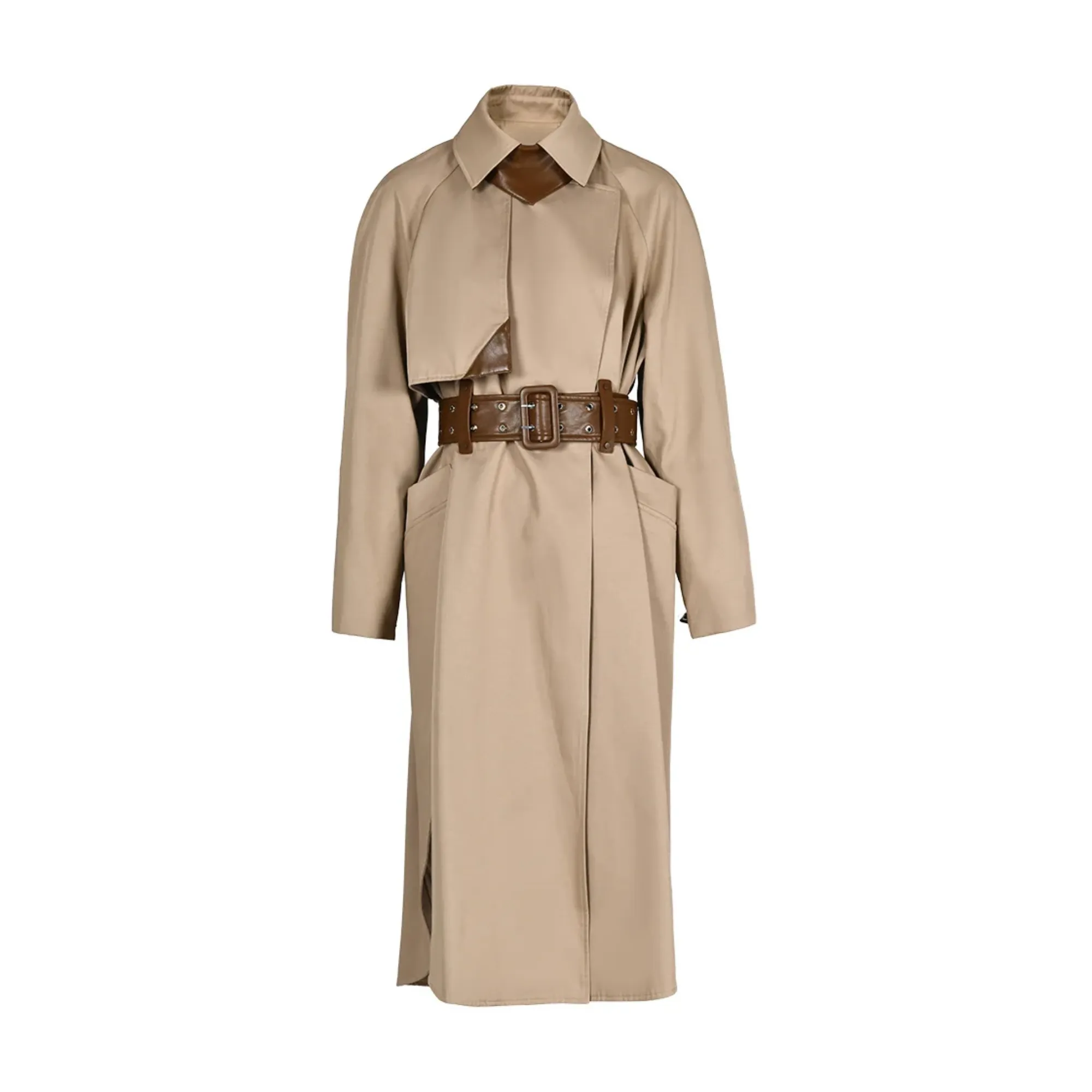 Pre Order:  Camel Faux-Leather Spliced Trench Coat