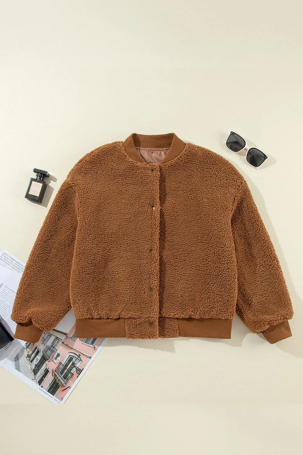 Redwood Burl Sherpa Ribbed Baseball Collar Bomber Jacket