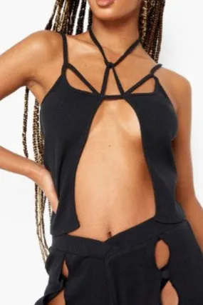 Rib Split Front Strappy Crop Top