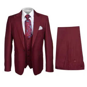 Rossi Man Men's Solid Burgundy Slim-fit Suit Vested Suit