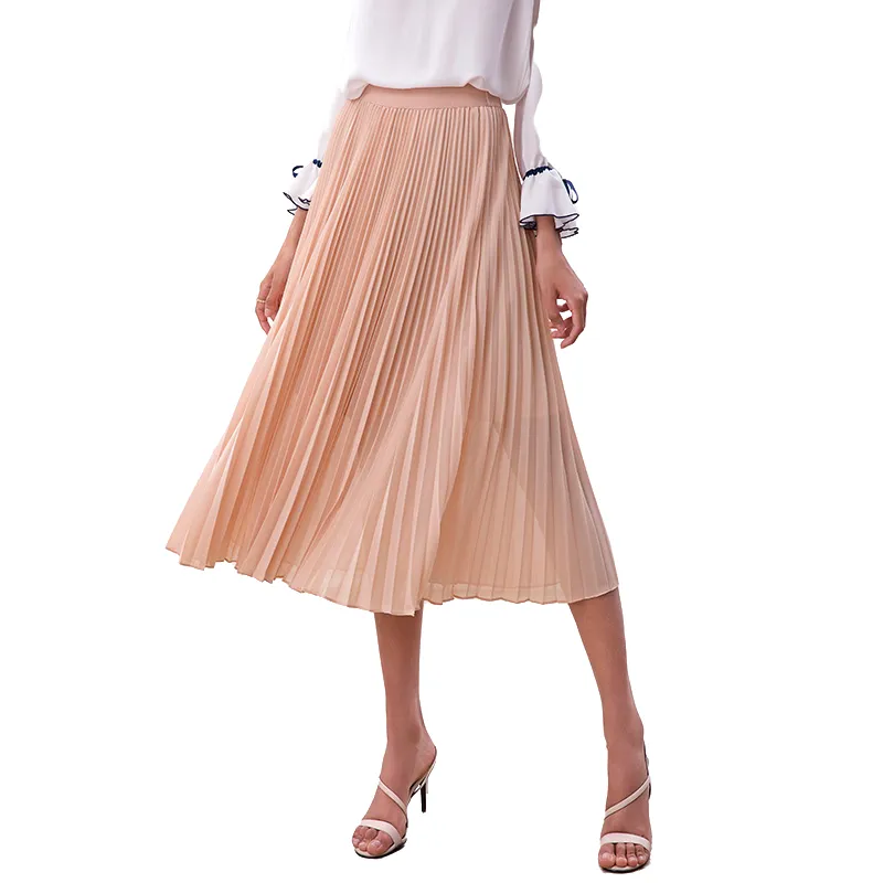 S280L Women solid chiffon elasticated waist full circle sunburst pleated midi casual skirt