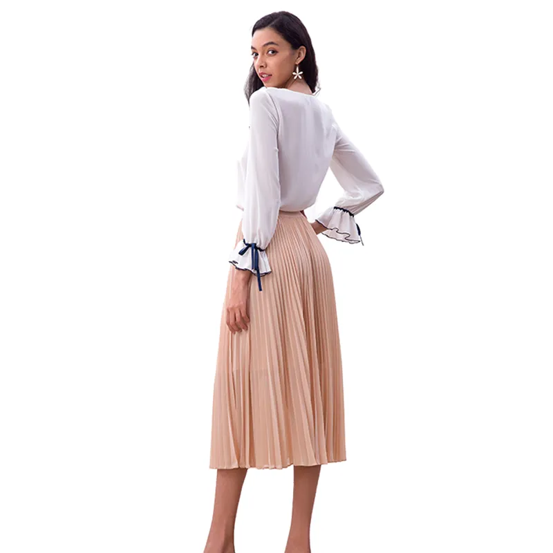 S280L Women solid chiffon elasticated waist full circle sunburst pleated midi casual skirt