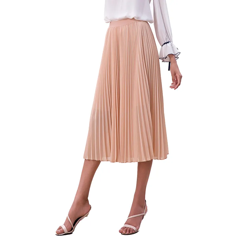 S280L Women solid chiffon elasticated waist full circle sunburst pleated midi casual skirt