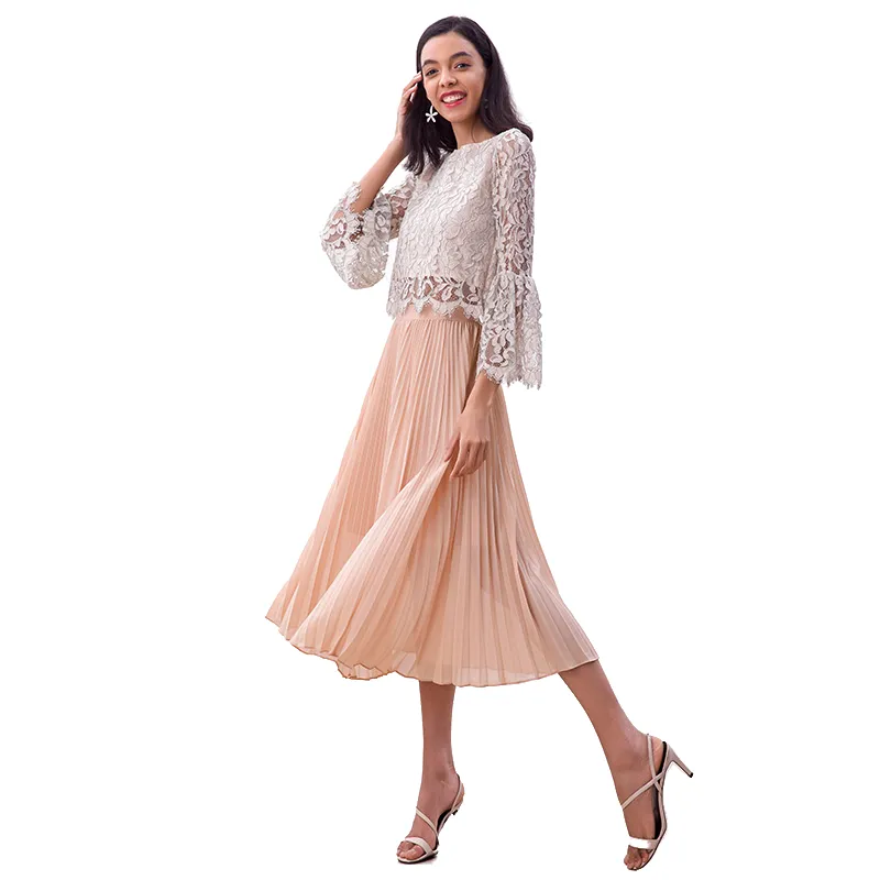 S280L Women solid chiffon elasticated waist full circle sunburst pleated midi casual skirt