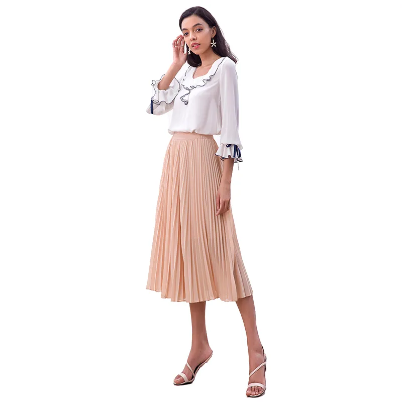 S280L Women solid chiffon elasticated waist full circle sunburst pleated midi casual skirt