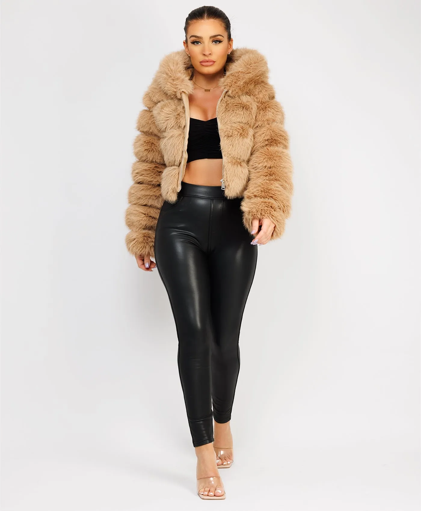 Sand Premium Hooded Faux Fur Tiered Coat Jacket