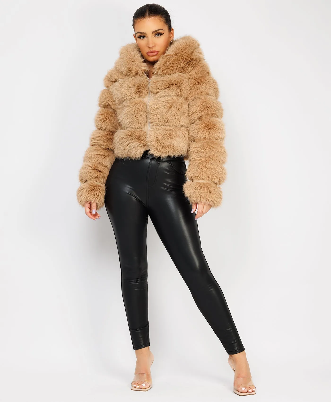 Sand Premium Hooded Faux Fur Tiered Coat Jacket