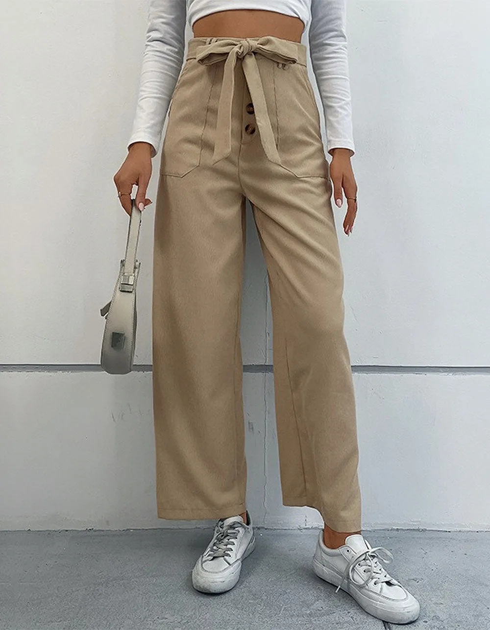 Solid-color Corduroy Belted Pocket Wide-Leg Pants