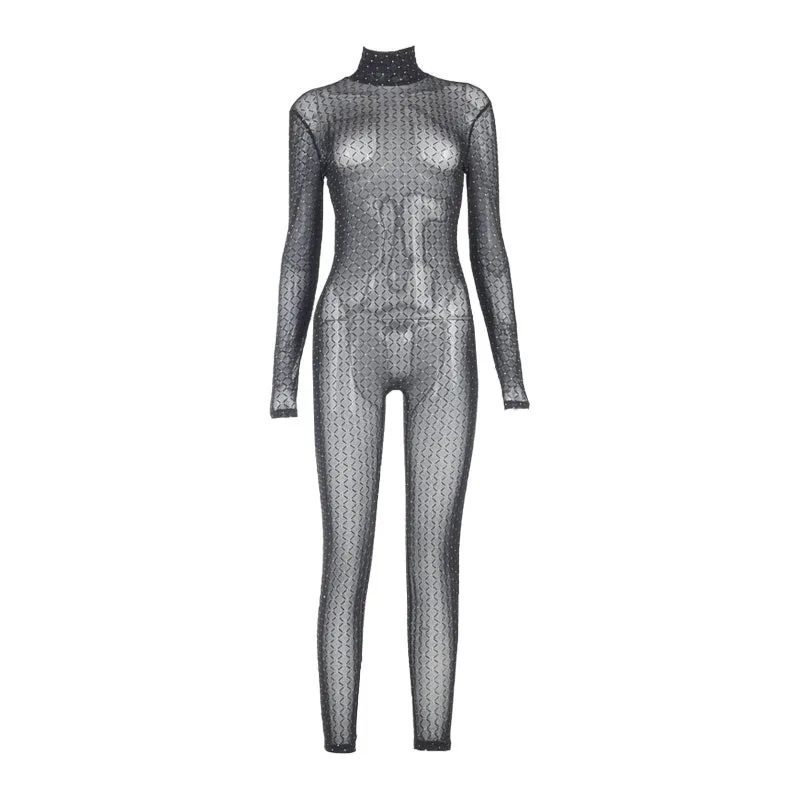 Sparkly Trimmed High Neck Long Sleeve Mesh Sheer Jumpsuit - Black