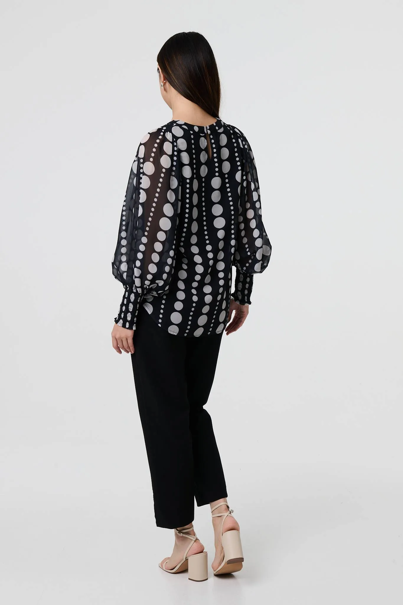 Spotty Print Semi Sheer Puff Sleeve Blouse