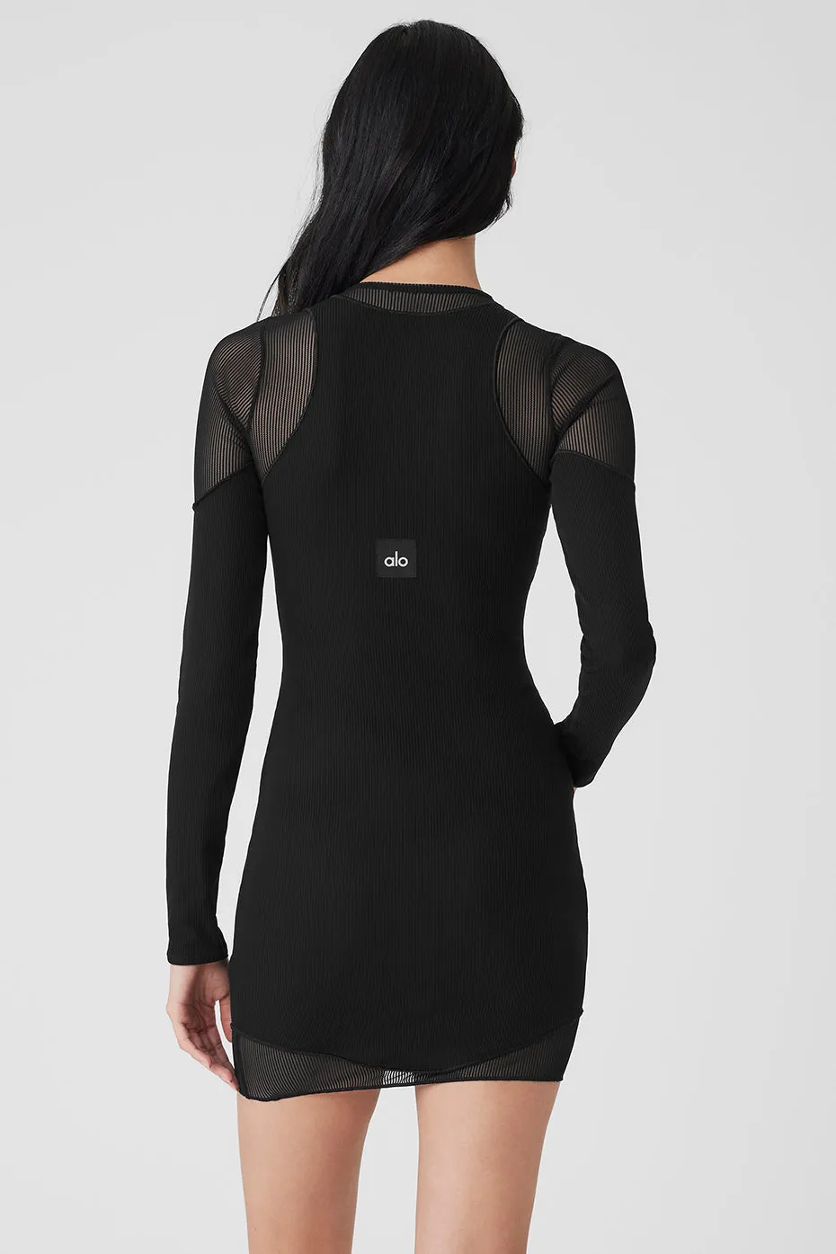 Striped Mesh Synergy Long Sleeve Dress - Black