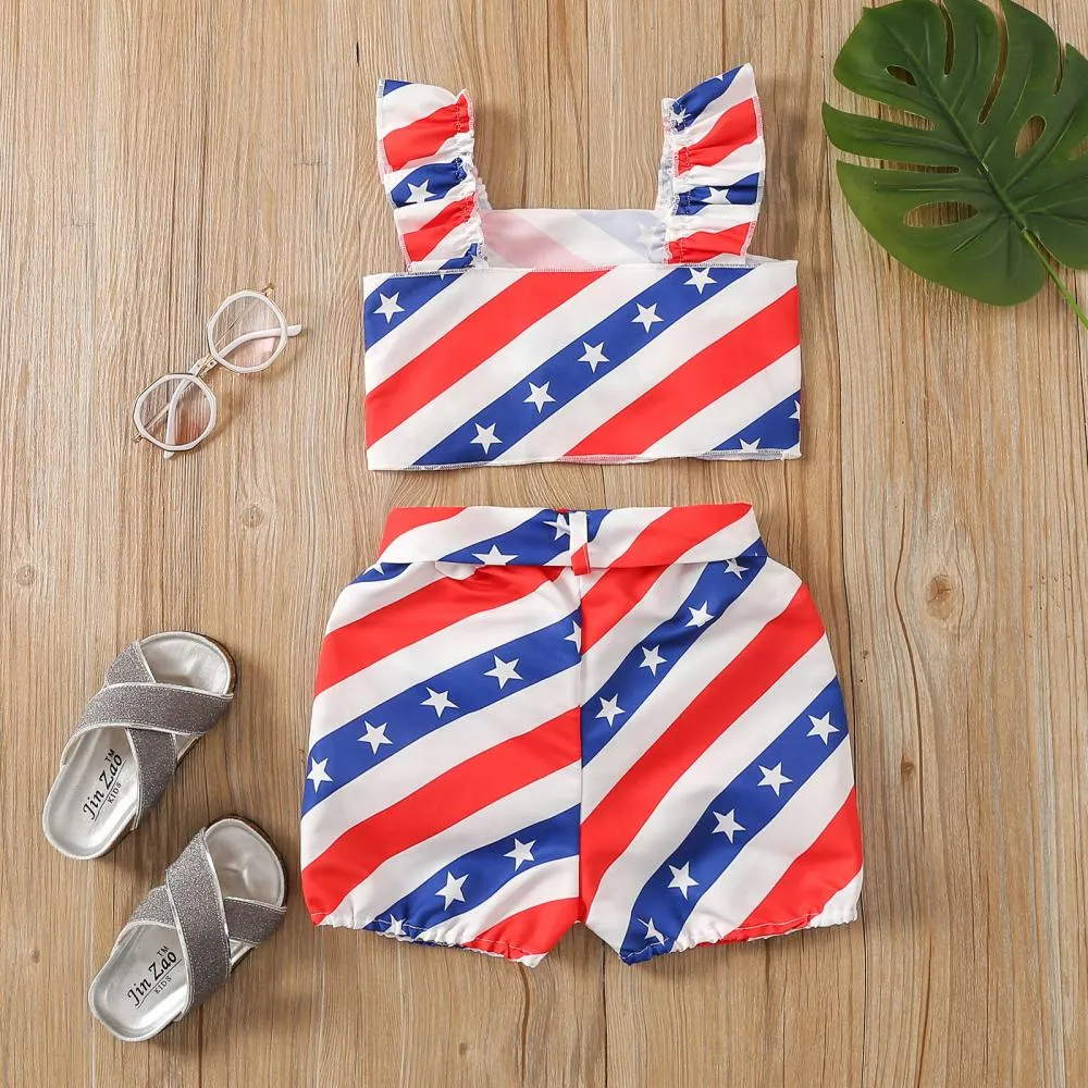 Summer Independence Day Girls Stripe Star Print Camisole Top Shorts Set Wholesale Baby Children Clothes