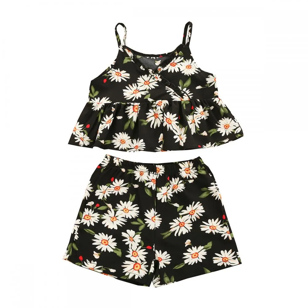 Summer Toddler Girls Flower Print Camisole Shorts Wholesale Girls Clothes