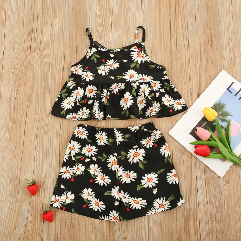 Summer Toddler Girls Flower Print Camisole Shorts Wholesale Girls Clothes