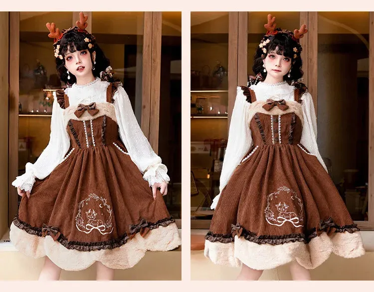 Sweet Lolita Dress - Autumn Deer Song Embroidered Corduroy JSK Dress for New Year