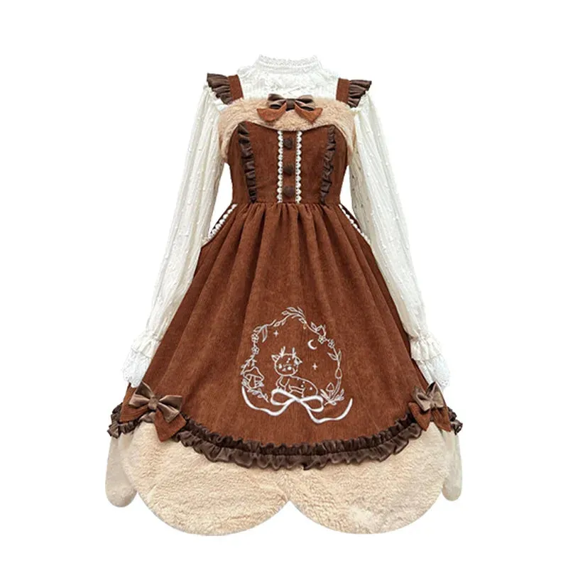 Sweet Lolita Dress - Autumn Deer Song Embroidered Corduroy JSK Dress for New Year