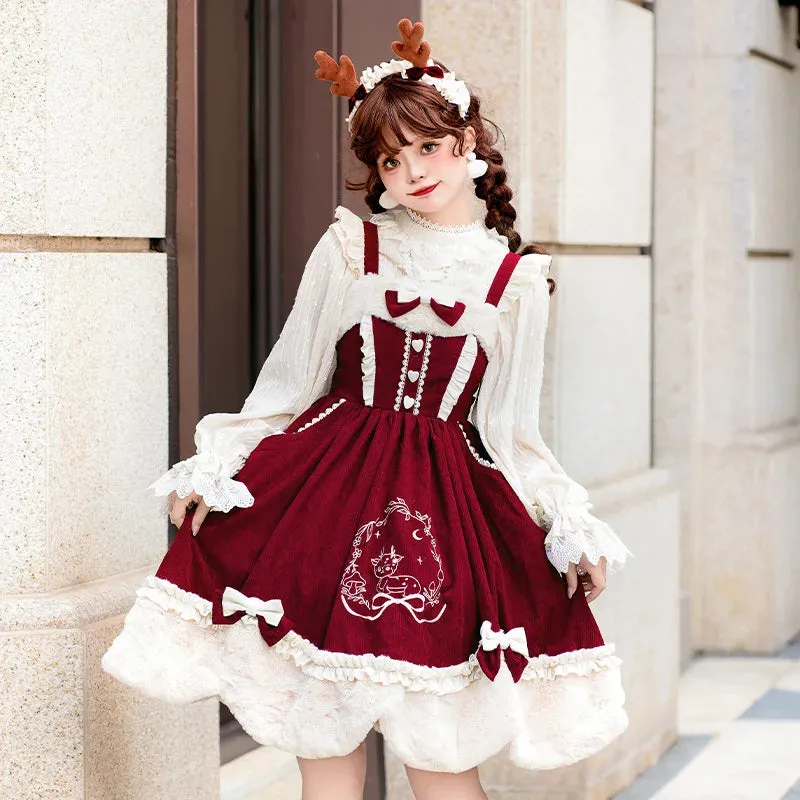 Sweet Lolita Dress - Autumn Deer Song Embroidered Corduroy JSK Dress for New Year