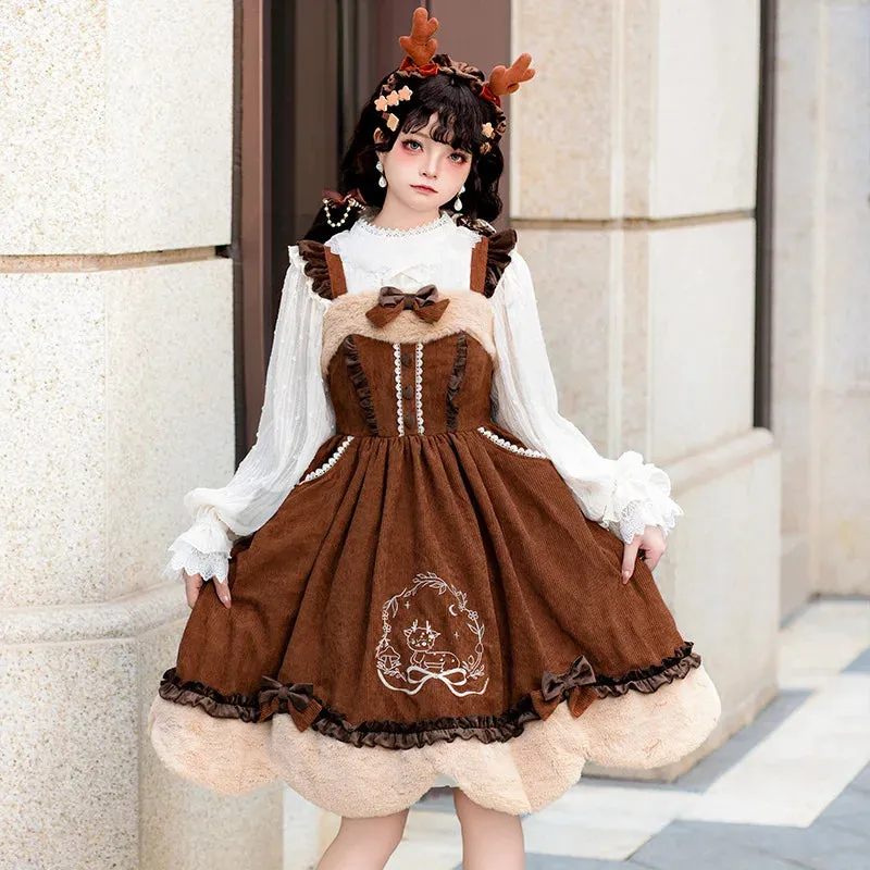 Sweet Lolita Dress - Autumn Deer Song Embroidered Corduroy JSK Dress for New Year