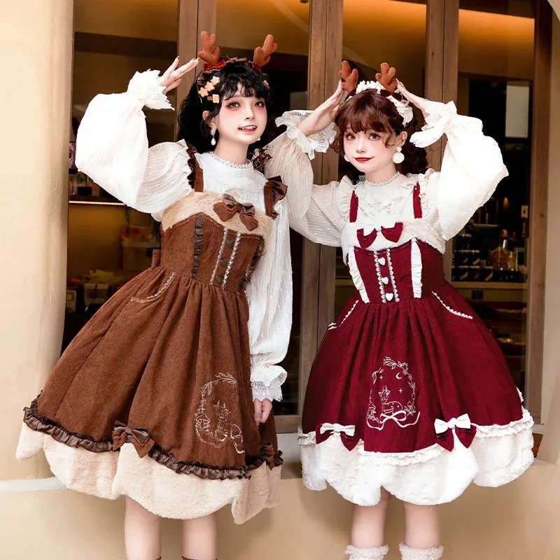 Sweet Lolita Dress - Autumn Deer Song Embroidered Corduroy JSK Dress for New Year