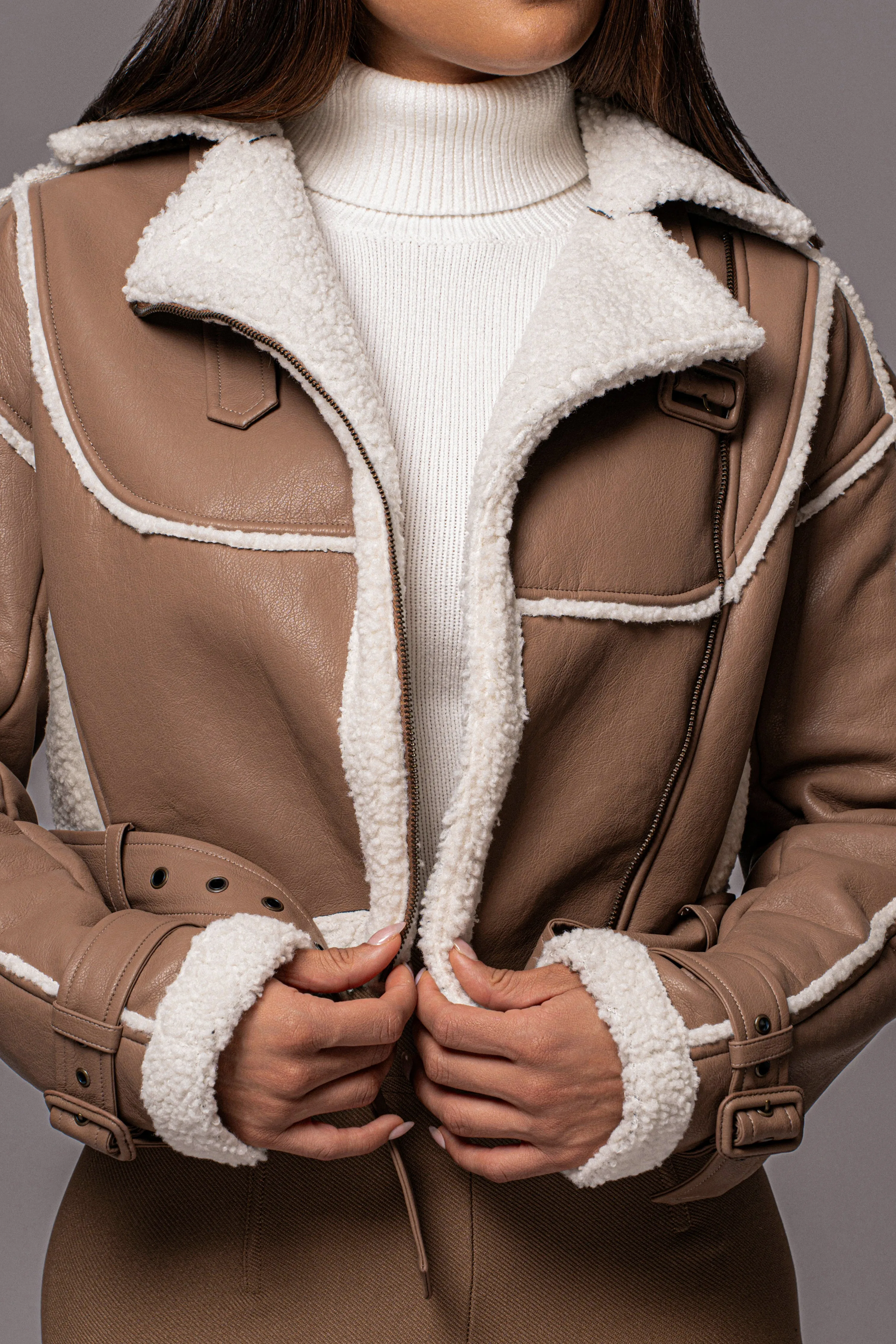 Tan Faux Leather Sherpa Jacket