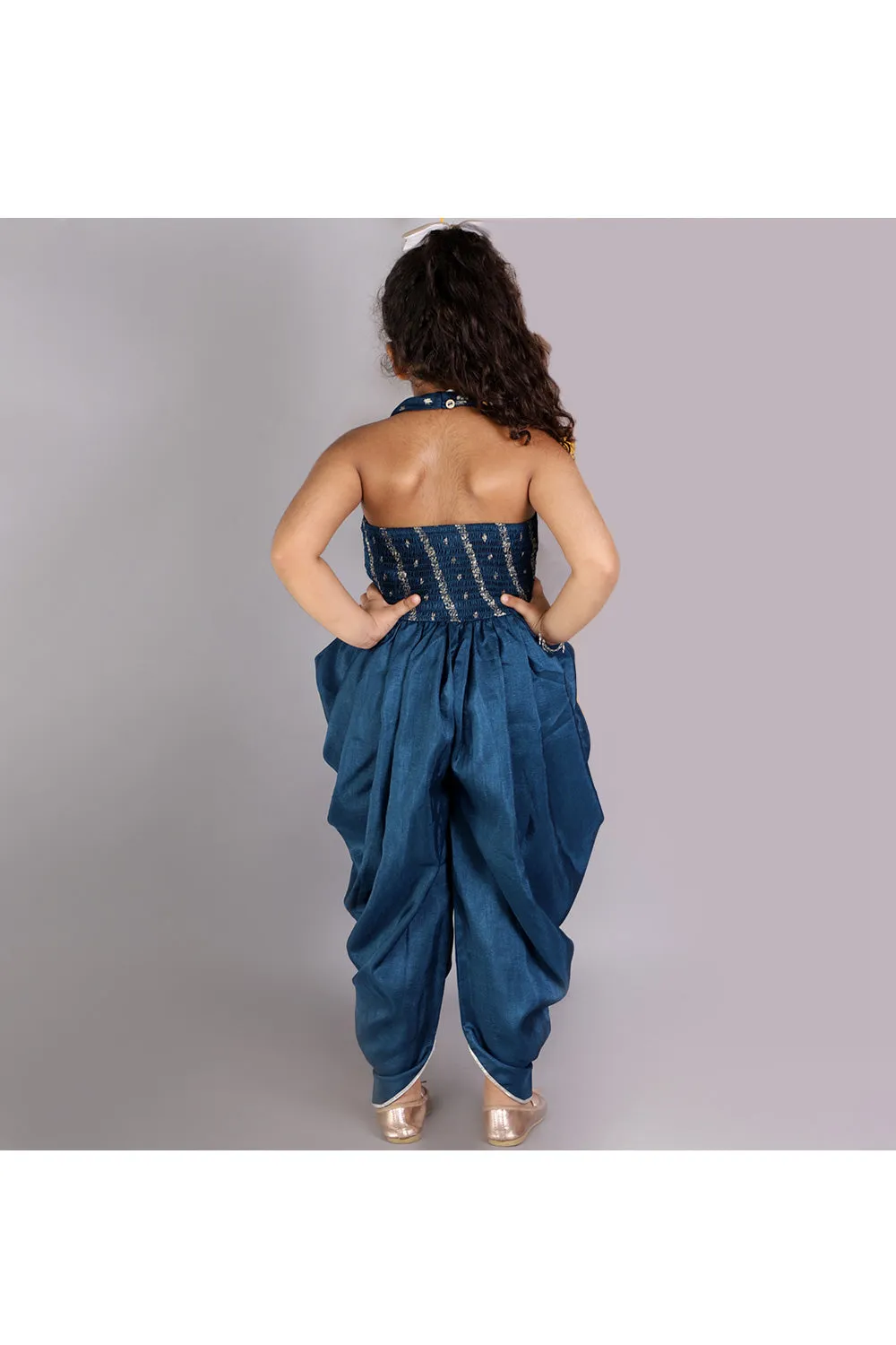 Teal Blue Printed Halter Neck Dhoti Style Jumpsuit