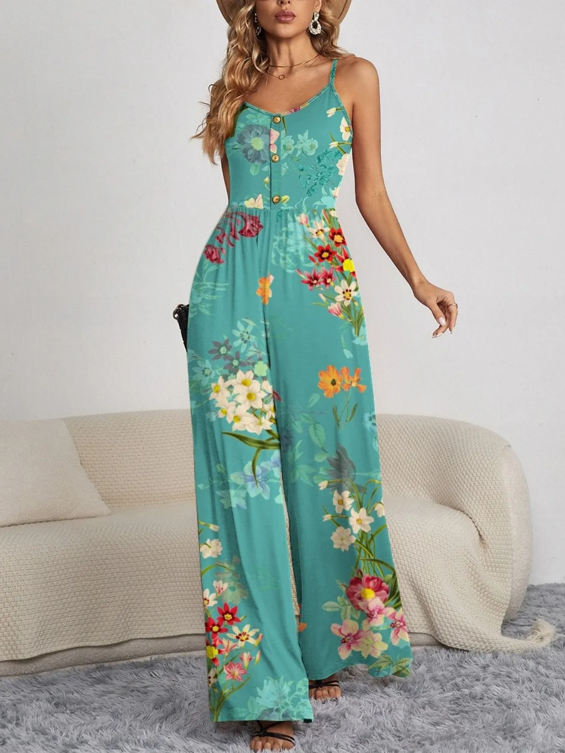 TEEK - Floral Button Spaghetti Strap Wide Leg Jumpsuit