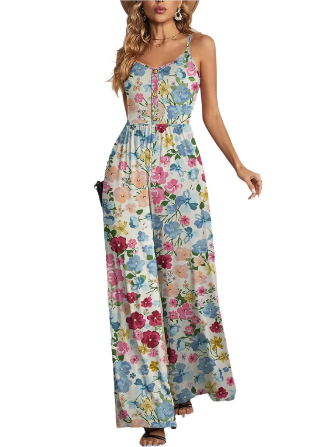 TEEK - Floral Button Spaghetti Strap Wide Leg Jumpsuit