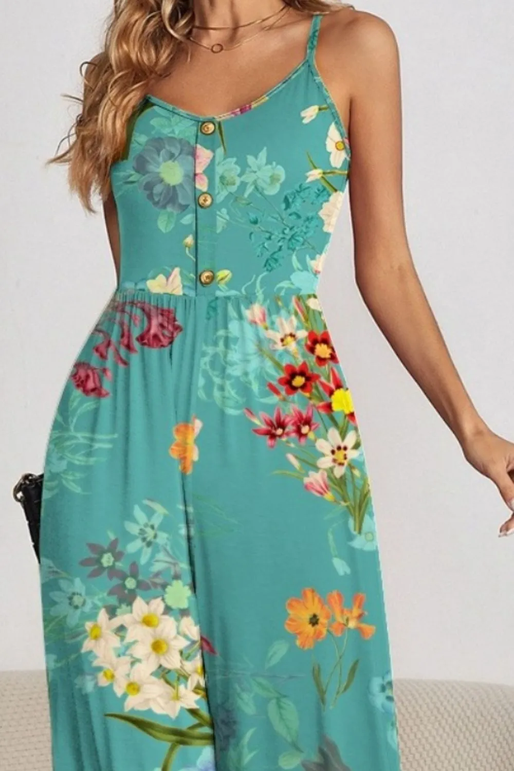 TEEK - Floral Button Spaghetti Strap Wide Leg Jumpsuit