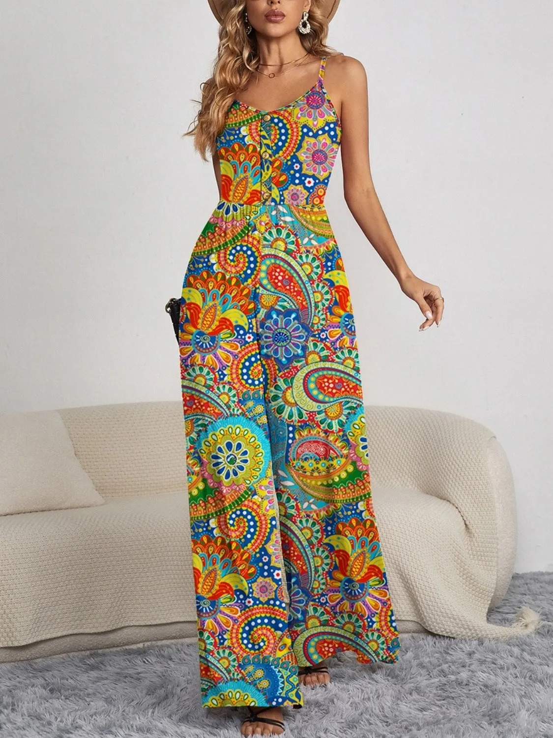 TEEK - Floral Button Spaghetti Strap Wide Leg Jumpsuit