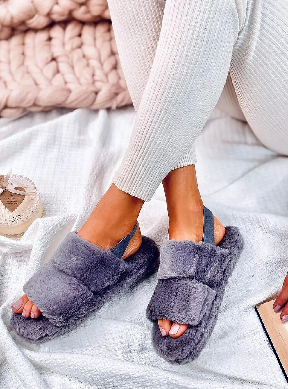 TEEK - Periwinkle Grey Strapped Fluff Slippers