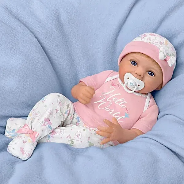 The Ashton - Drake Galleries Hello World So Truly Real® Newborn Lifelike Baby Girl Doll Weighted Fully Poseable with Soft RealTouch® Vinyl Skin by renowned Master Doll Artist Violet Parker 17-inches