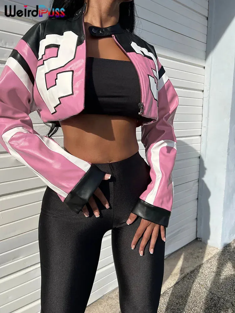 Trendy Faux Leather Varsity Sports Crop Jacket