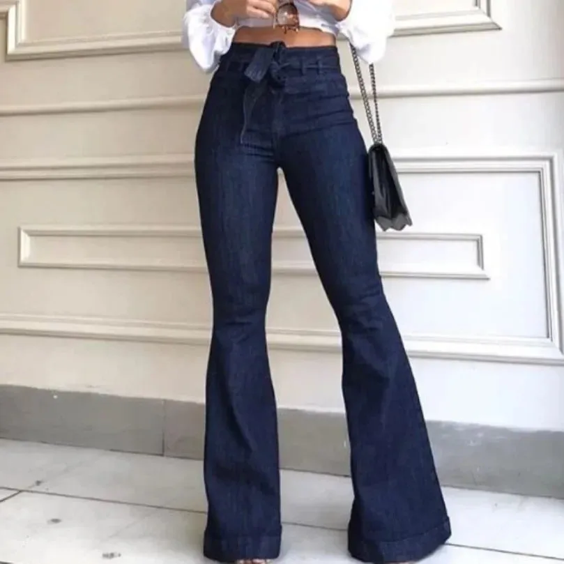 Trendy Solid Color High Waist Flare Pants With Belt