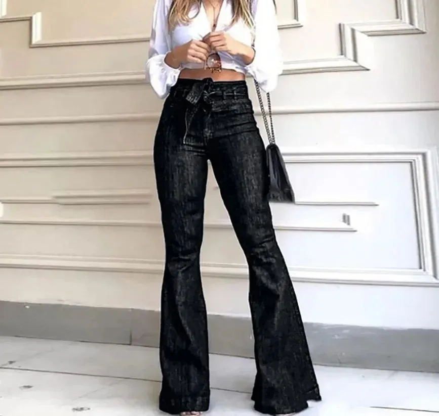 Trendy Solid Color High Waist Flare Pants With Belt