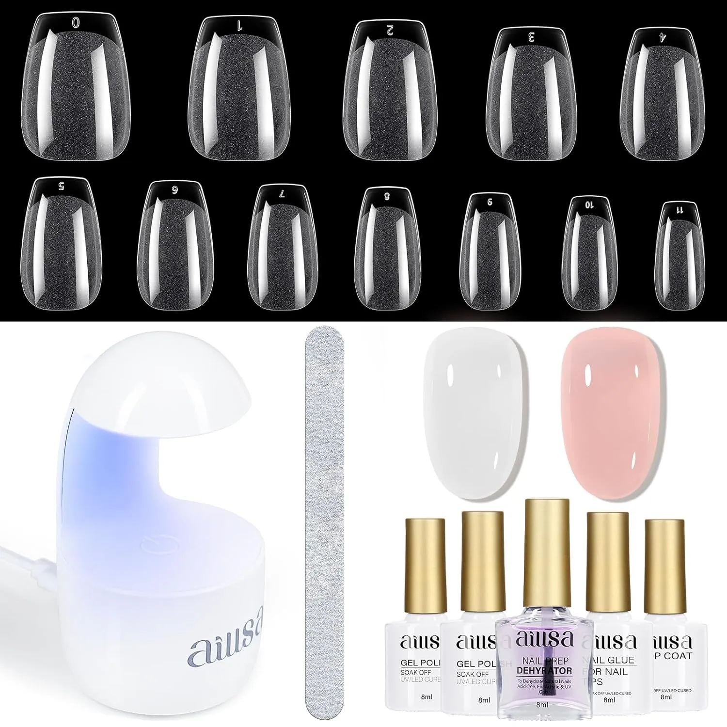 Ultimate Gel Nail Kit: 240 Short Almond Tips, 2-in-1 Glue, Base Coat, Lamp & More for Beginners