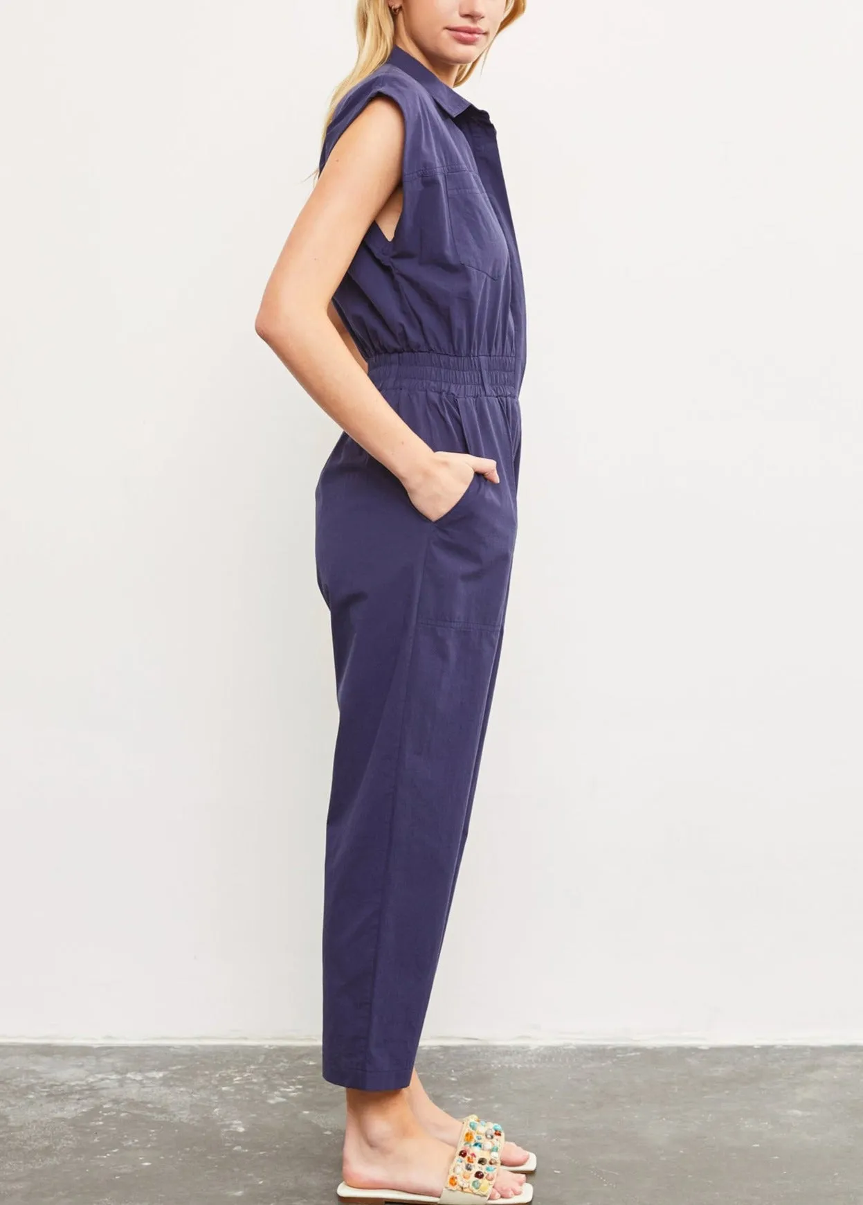 Victory Smocked Waist Jumpsuit in Navy