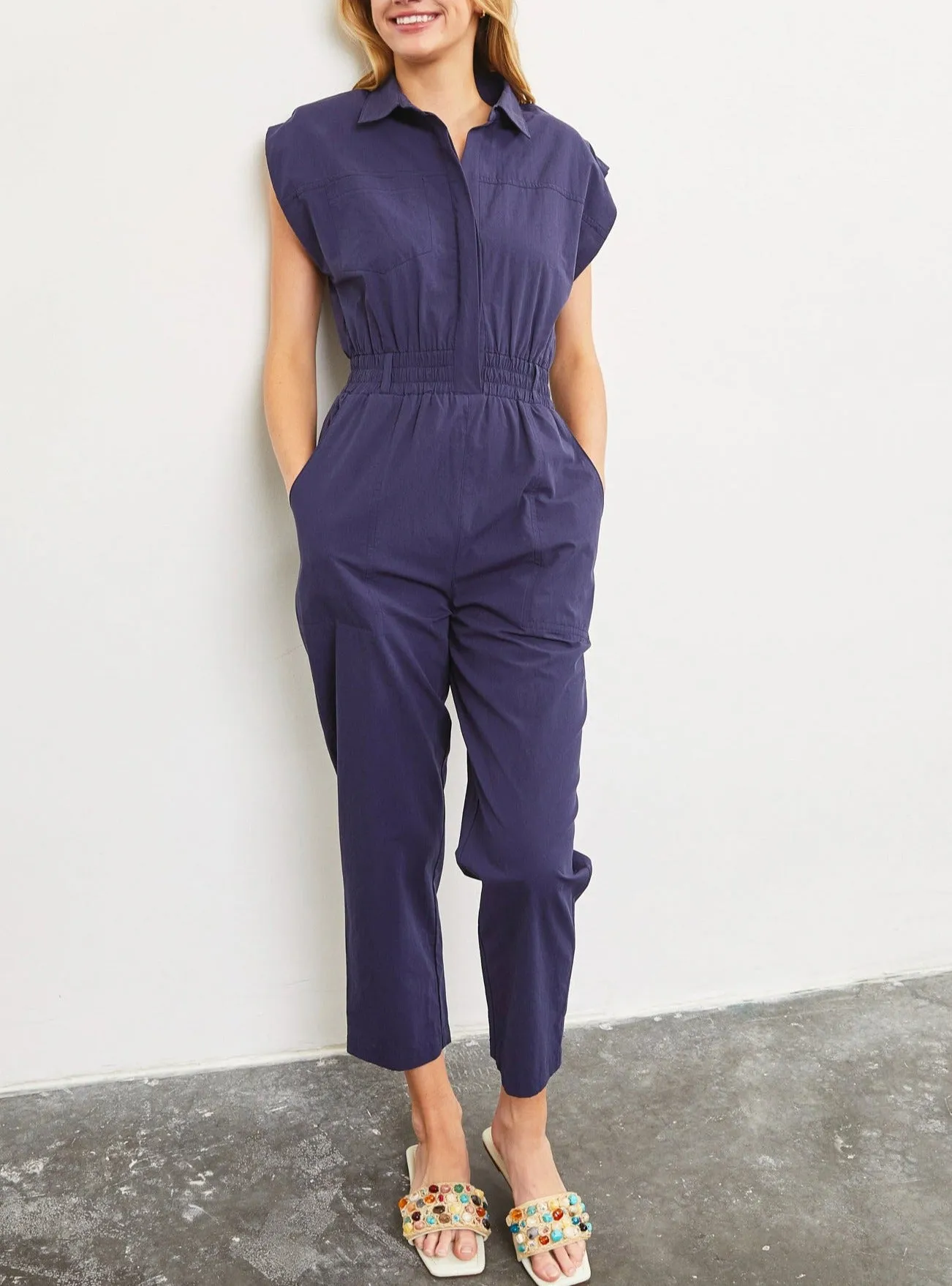 Victory Smocked Waist Jumpsuit in Navy