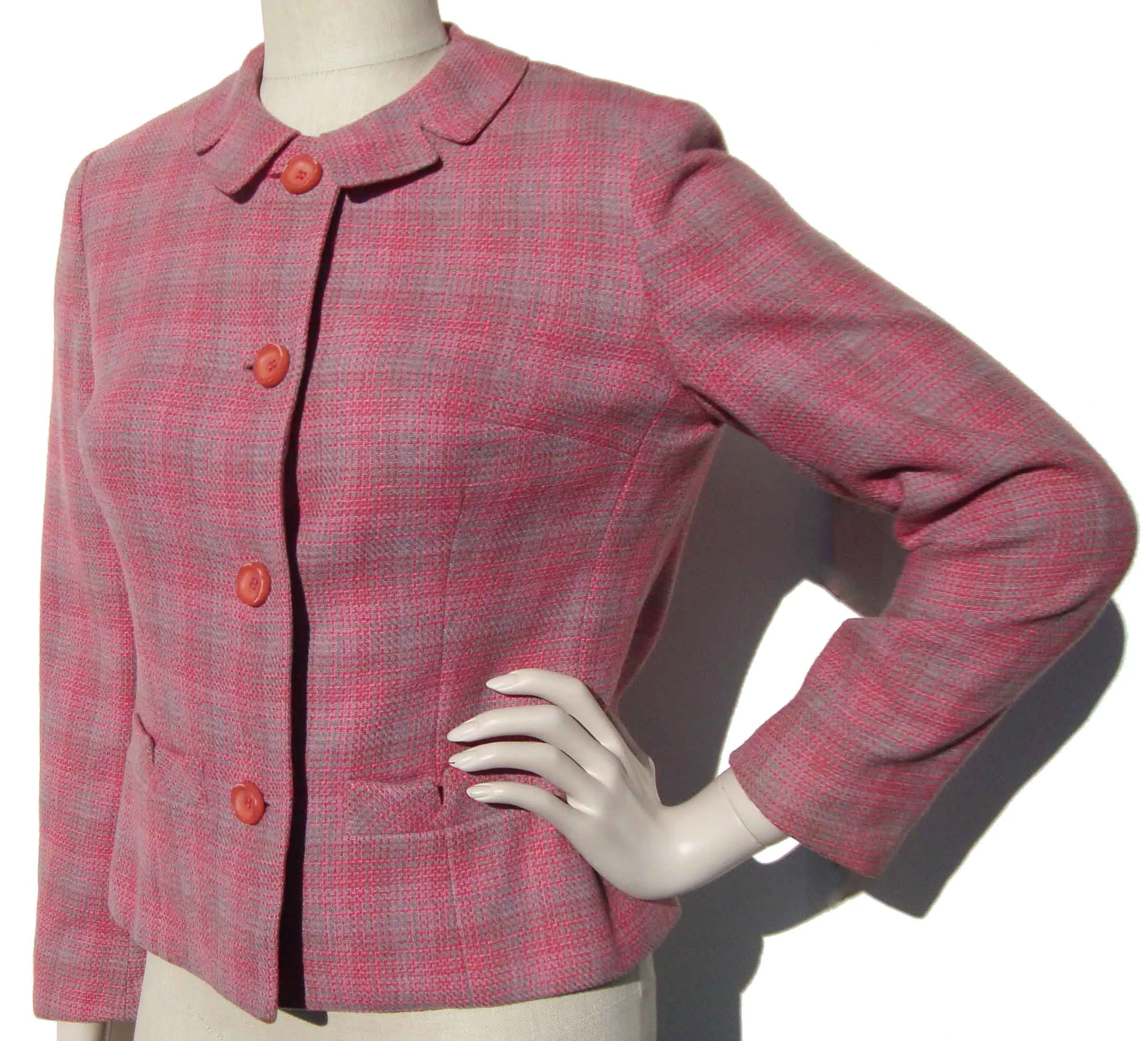 Vintage 60s Pink Jacket Ladies Mod Wool Plaid M