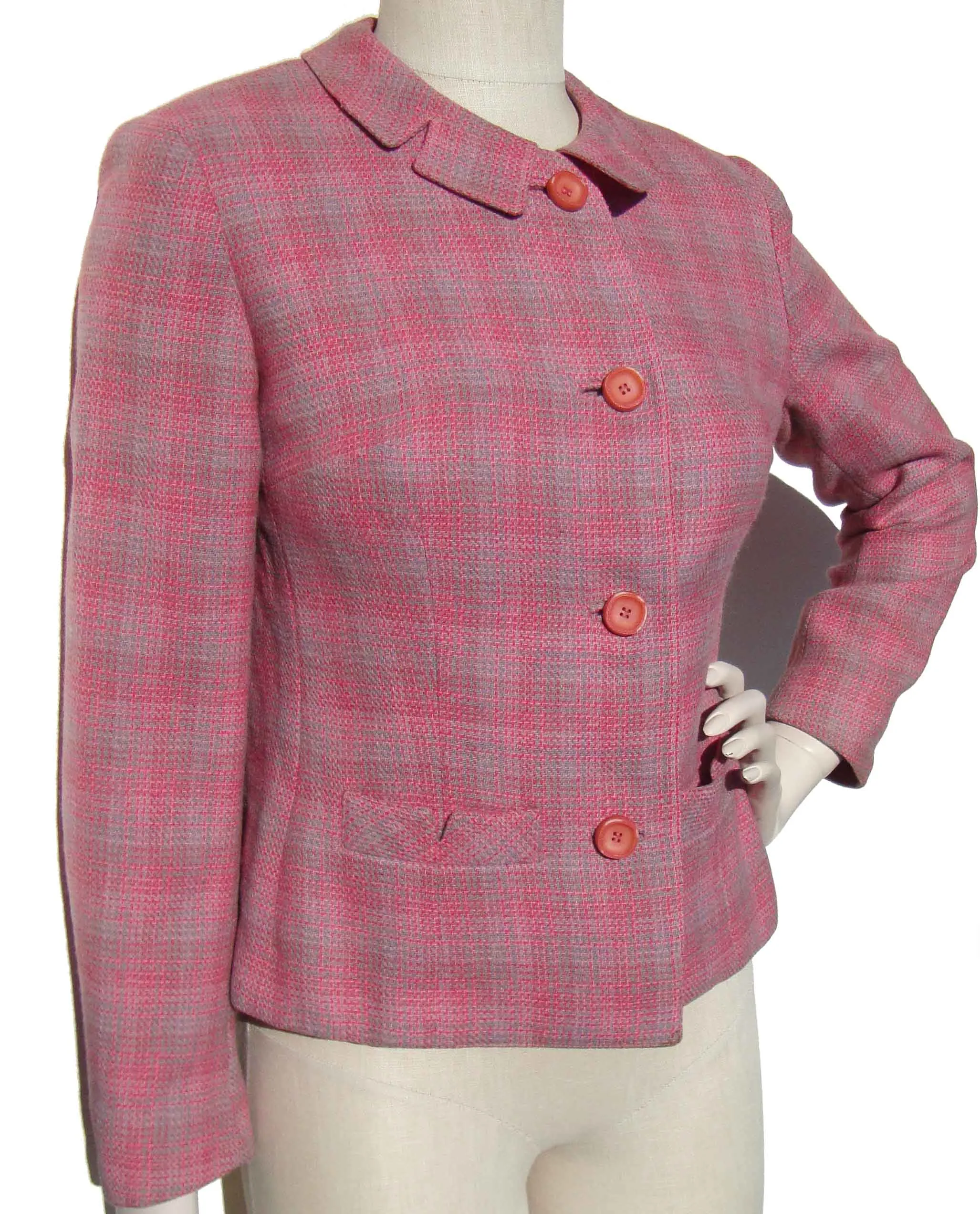 Vintage 60s Pink Jacket Ladies Mod Wool Plaid M