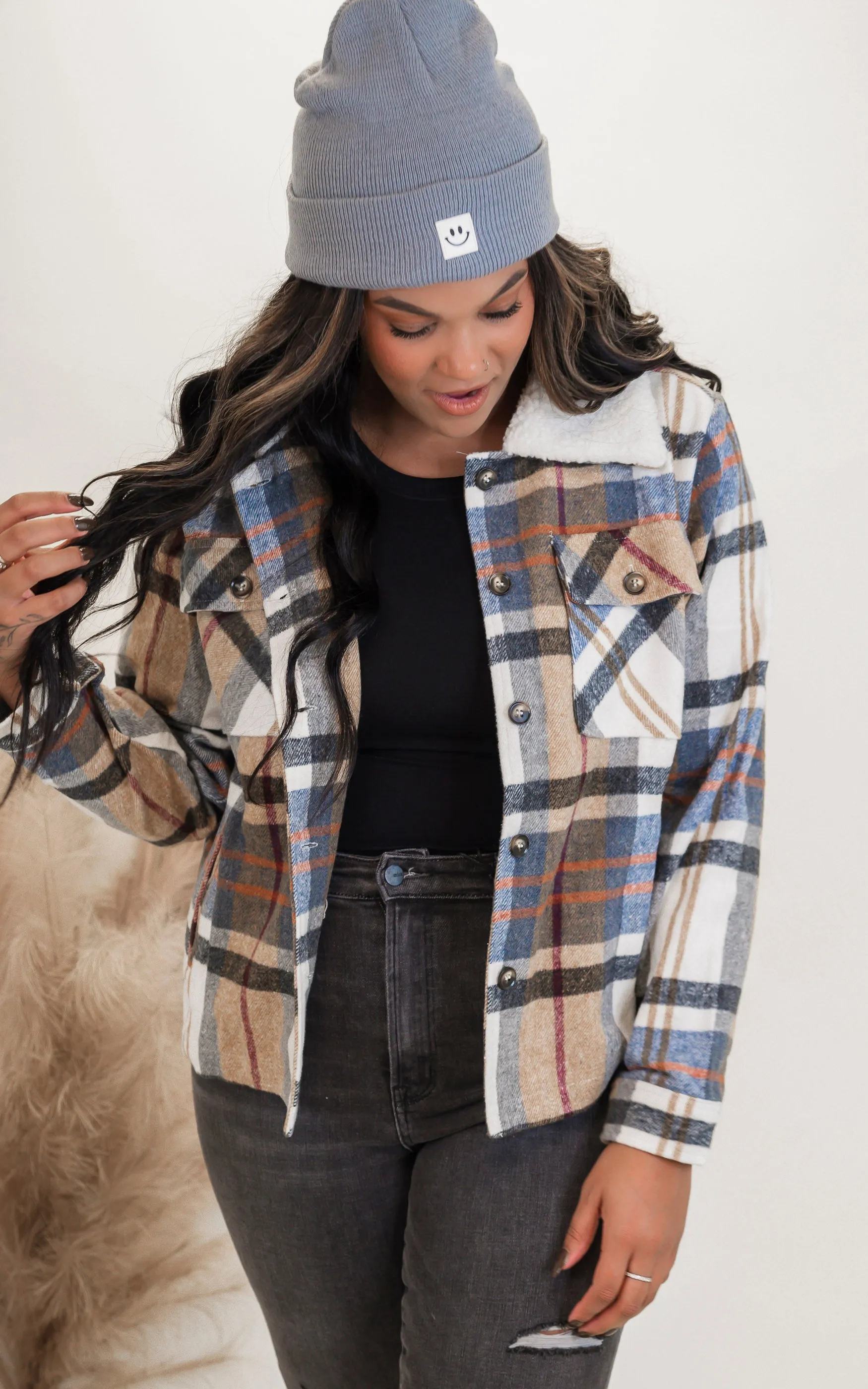 Vintage Plaid Collared Sherpa Shacket