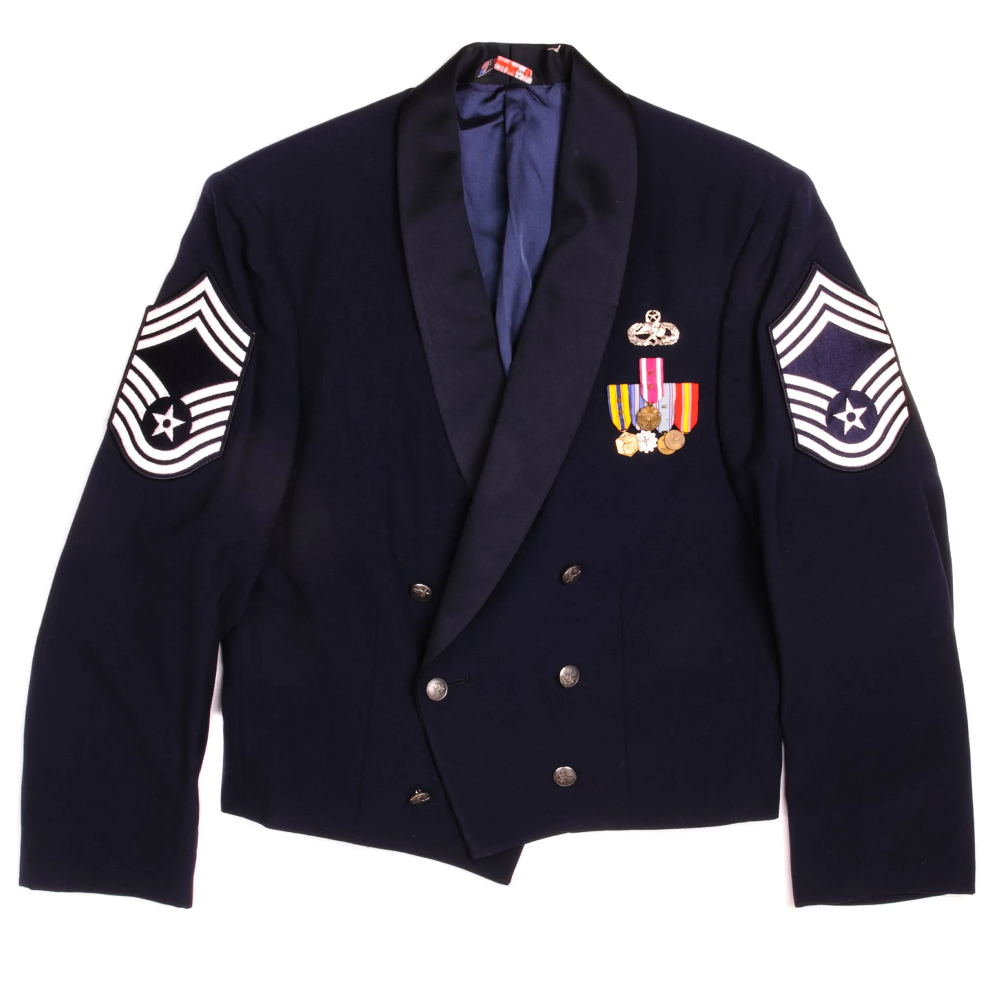 VINTAGE USAF MESS DRESS JACKET SIZE 44 REGULAR WITH MEDALS AND BADGE 1980s