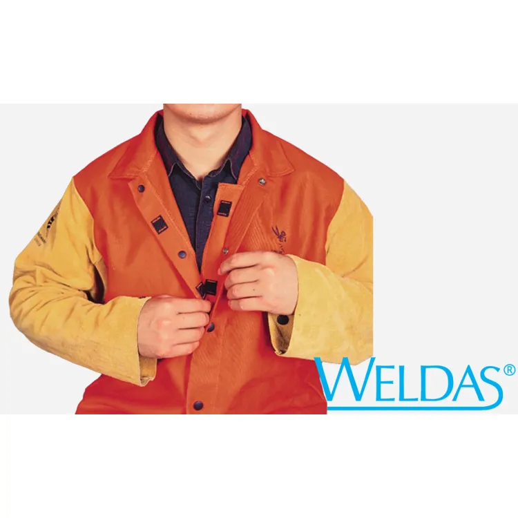 Weldas 33-6744M COOL Orange FR Welding Jacket w Tan Leather Sleeves Medium