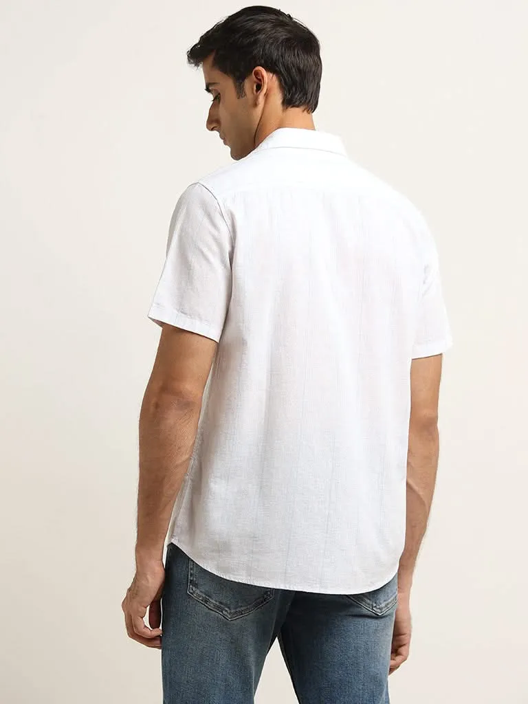 WES Casuals White Striped Slim Fit Blended Linen Shirt