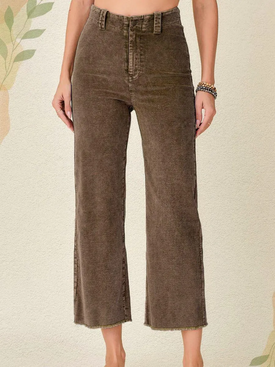 Wide Leg Washed Denim Look High Rise Corduroy Pants