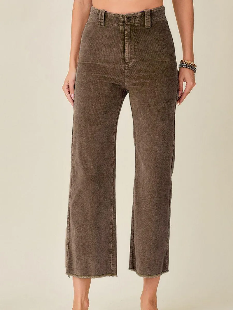 Wide Leg Washed Denim Look High Rise Corduroy Pants