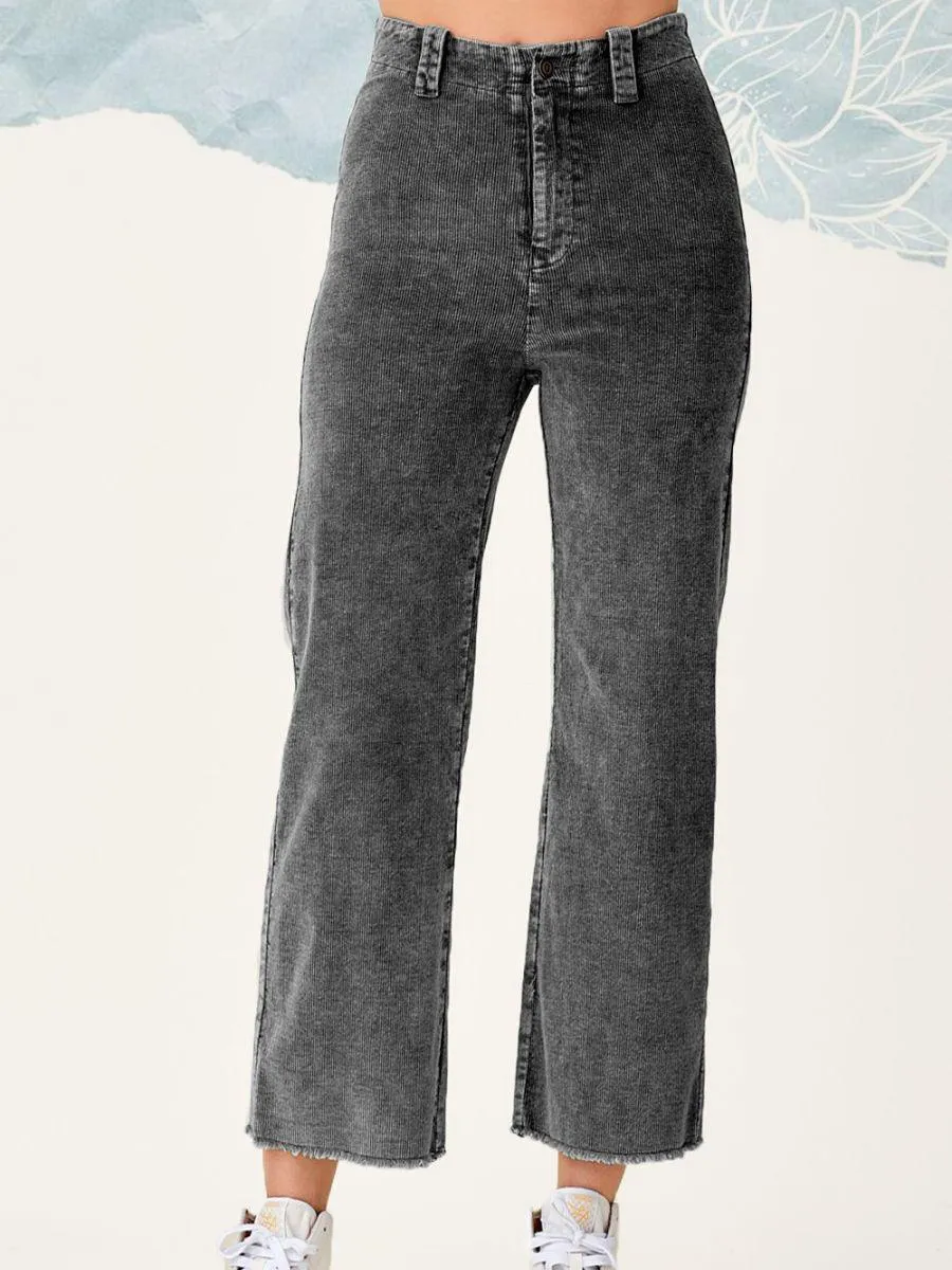 Wide Leg Washed Denim Look High Rise Corduroy Pants