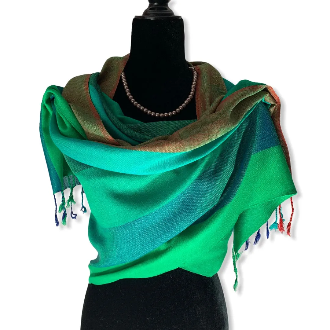 Wide Striped Handwoven Scarf - Emerald & Green