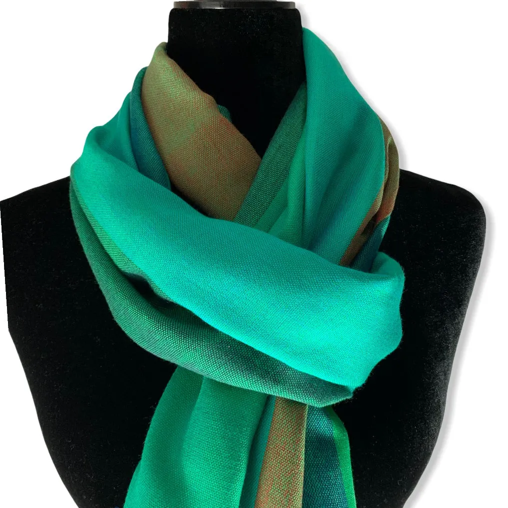 Wide Striped Handwoven Scarf - Emerald & Green