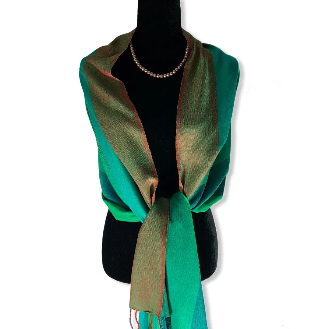 Wide Striped Handwoven Scarf - Emerald & Green